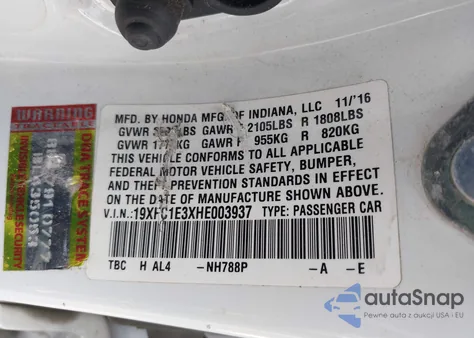 2017 Honda Civic Ex-T from USA, damaged, VIN 19XFC1E3XHE003937